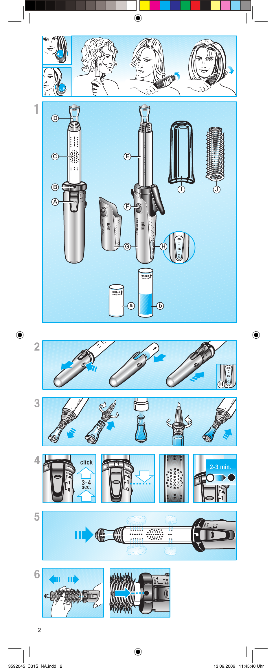 Click, 3 min, Ef g | Dc a b, Ha i j | Braun C30S smoothstyler cordless User Manual | Page 2 / 8