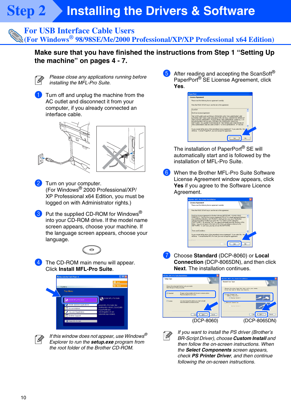 For usb interface cable users, For windows, Step 2 | Installing the drivers & software | Brother DCP 8060 User Manual | Page 12 / 37