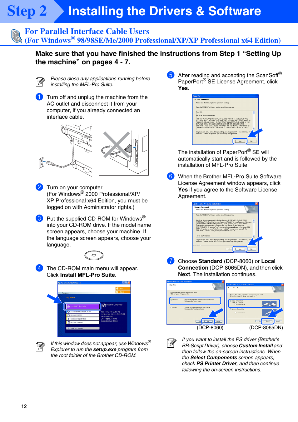 For parallel interface cable users, For windows, Step 2 | Installing the drivers & software | Brother DCP 8060 User Manual | Page 14 / 37