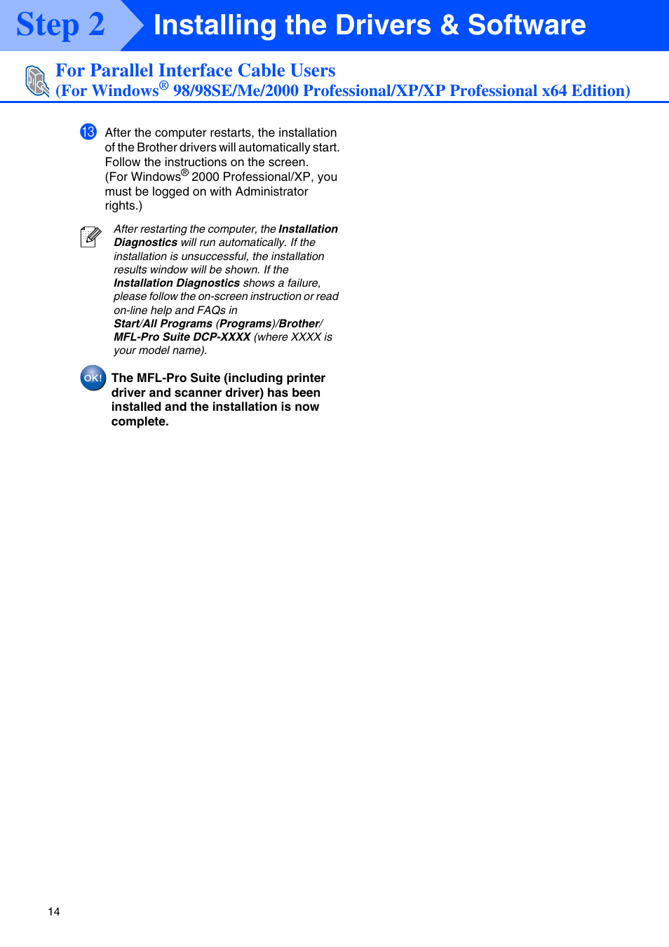 Step 2, Installing the drivers & software, For parallel interface cable users | Brother DCP 8060 User Manual | Page 16 / 37