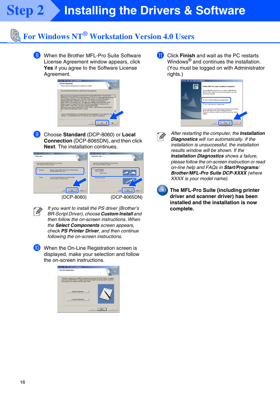 Step 2, Installing the drivers & software, For windows nt | Workstation version 4.0 users | Brother DCP 8060 User Manual | Page 18 / 37