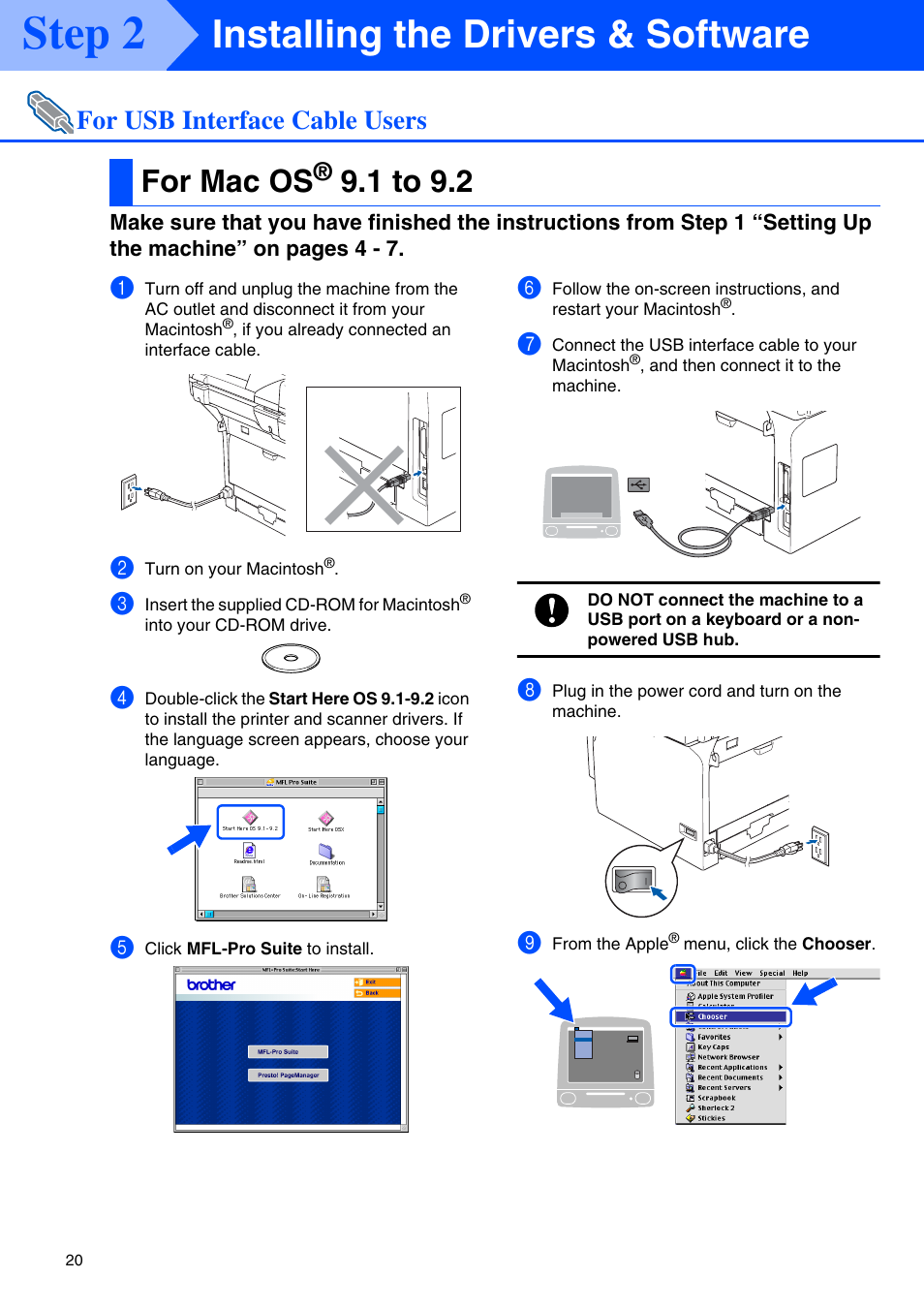For usb interface cable users, For mac os® 9.1 to 9.2, For mac os | 1 to 9.2, Step 2, Installing the drivers & software | Brother DCP 8060 User Manual | Page 22 / 37