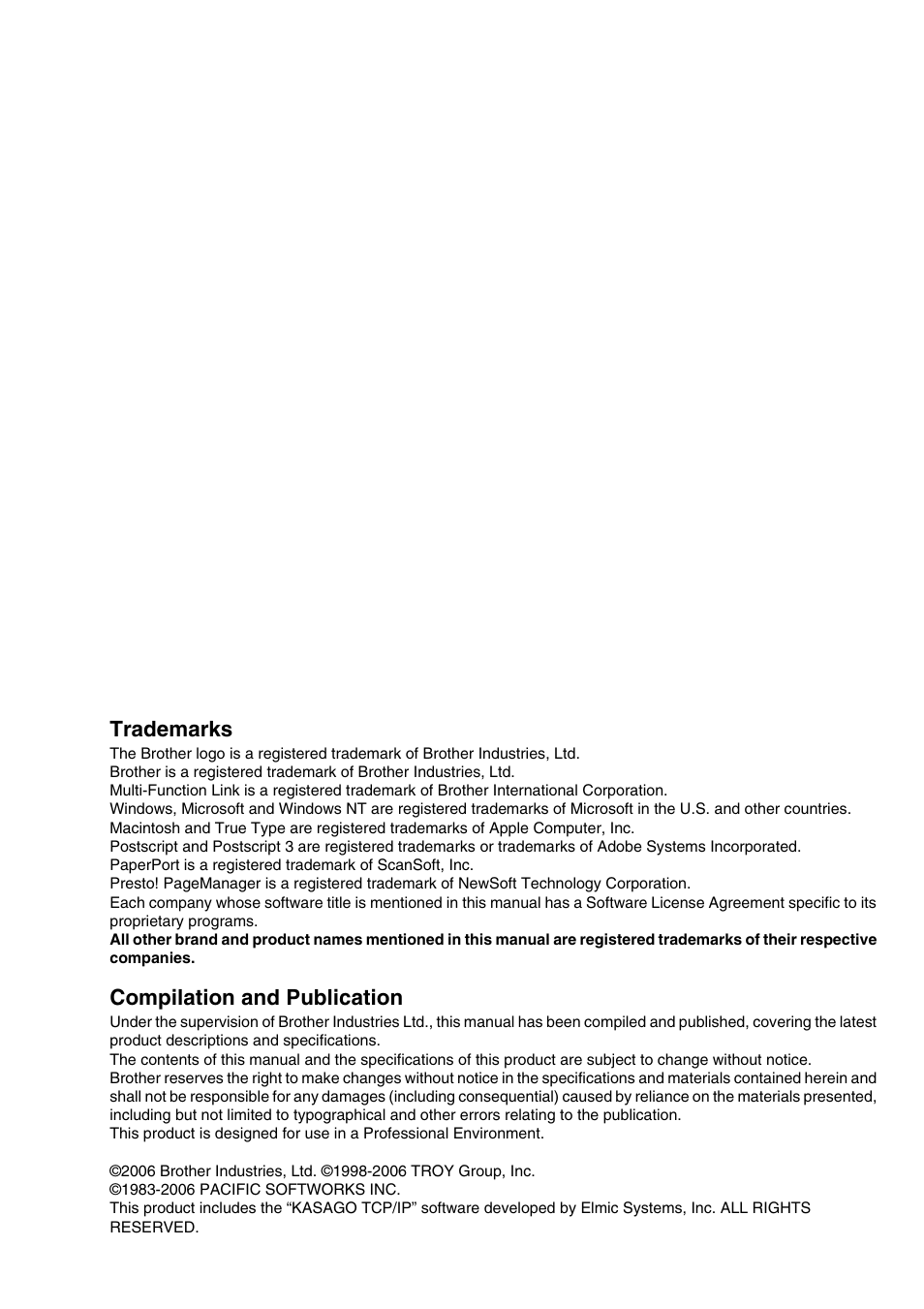 Trademarks, Compilation and publication | Brother DCP 8060 User Manual | Page 36 / 37
