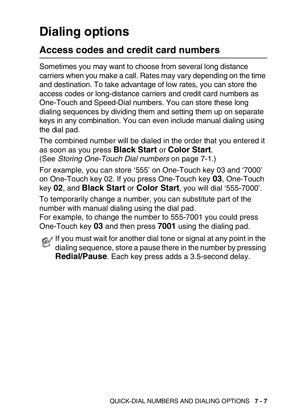Dialing options, Access codes and credit card numbers, Dialing options -7 | Access codes and credit card numbers -7 | Brother FAX-1820C User Manual | Page 103 / 181