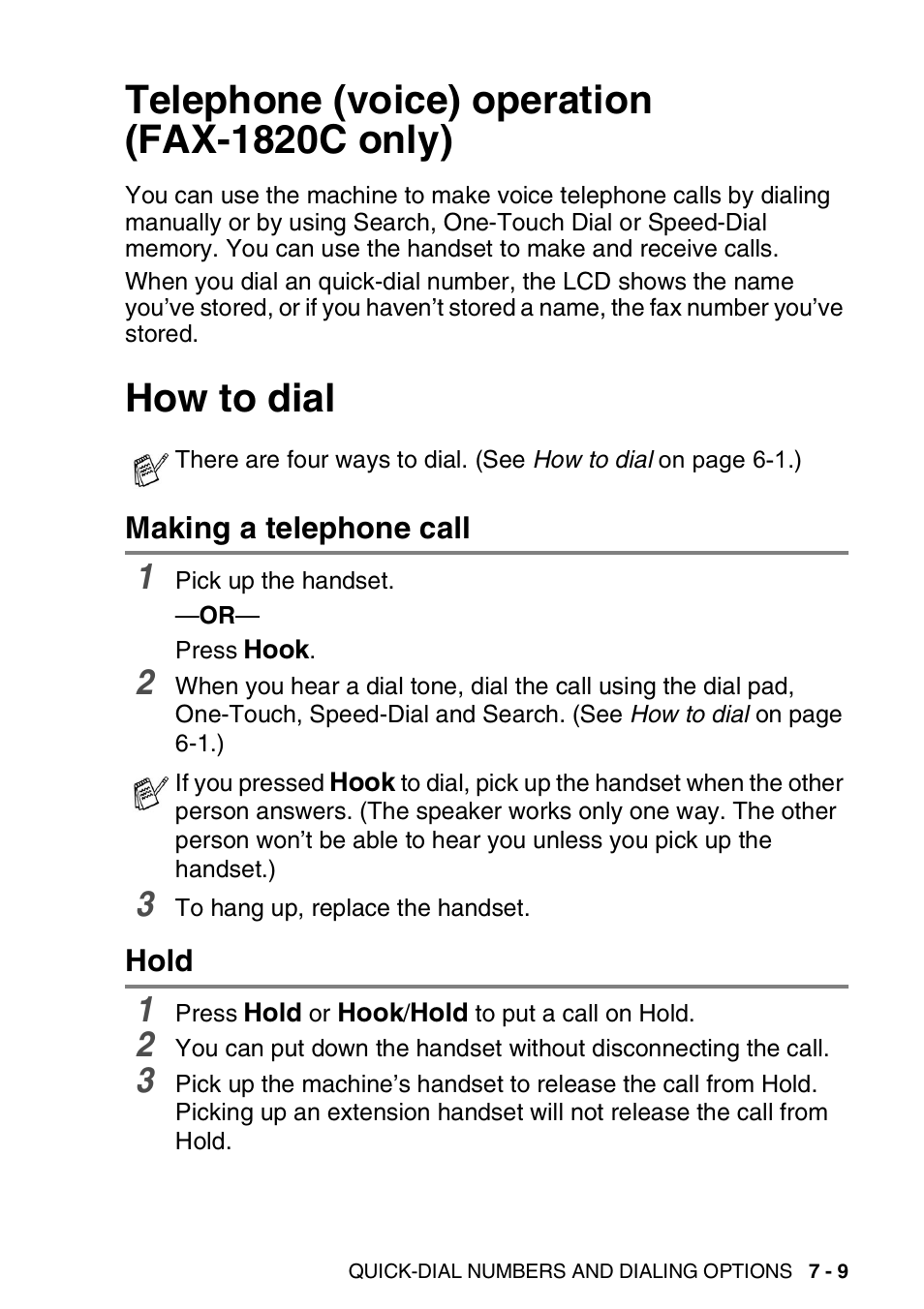 Telephone (voice) operation (fax-1820c only), How to dial, Making a telephone call | Hold, Making a telephone call -9 hold -9 | Brother FAX-1820C User Manual | Page 105 / 181