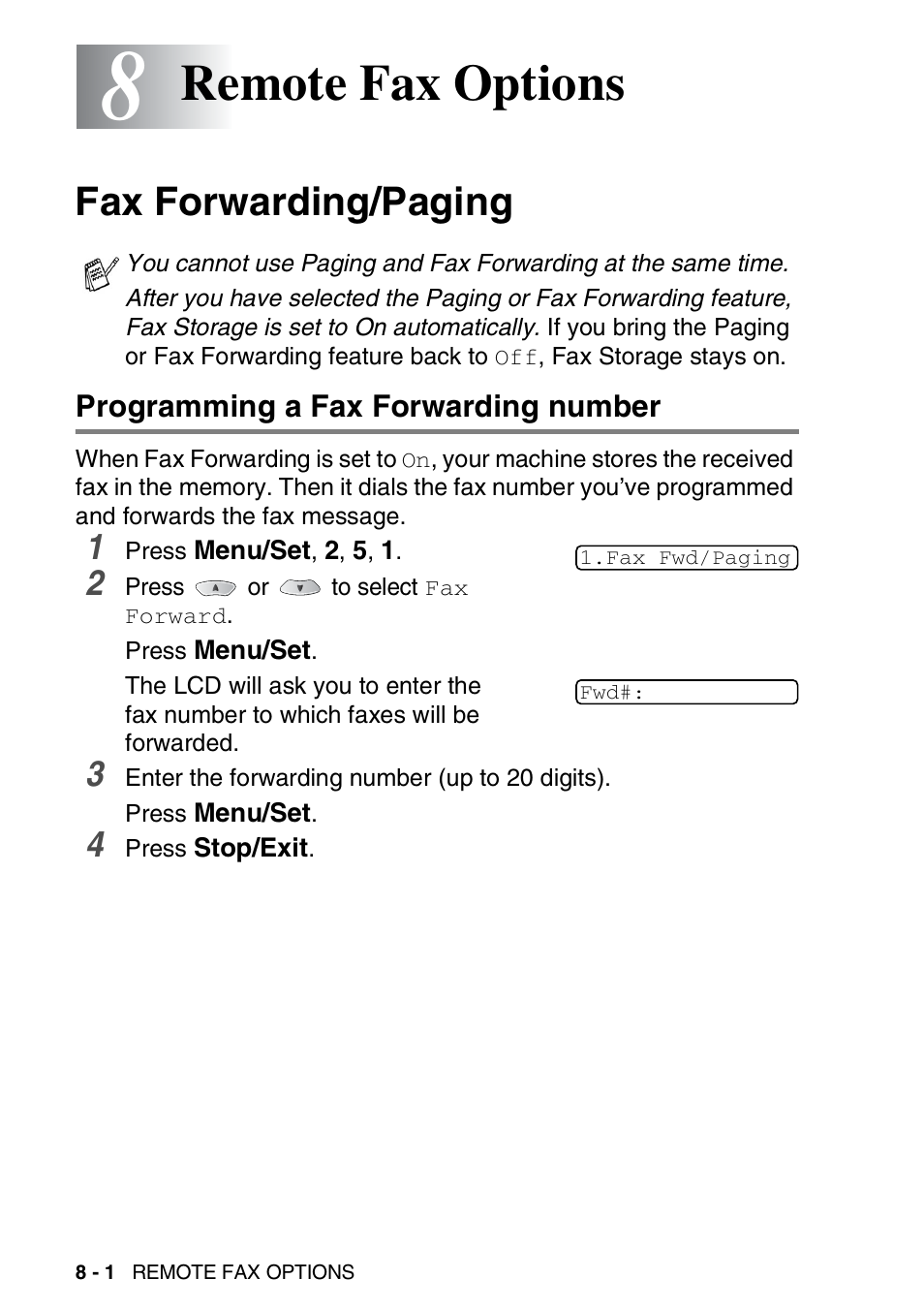 8 remote fax options, Fax forwarding/paging, Programming a fax forwarding number | Remote fax options -1, Fax forwarding/paging -1, Programming a fax forwarding number -1, Remote fax options | Brother FAX-1820C User Manual | Page 106 / 181