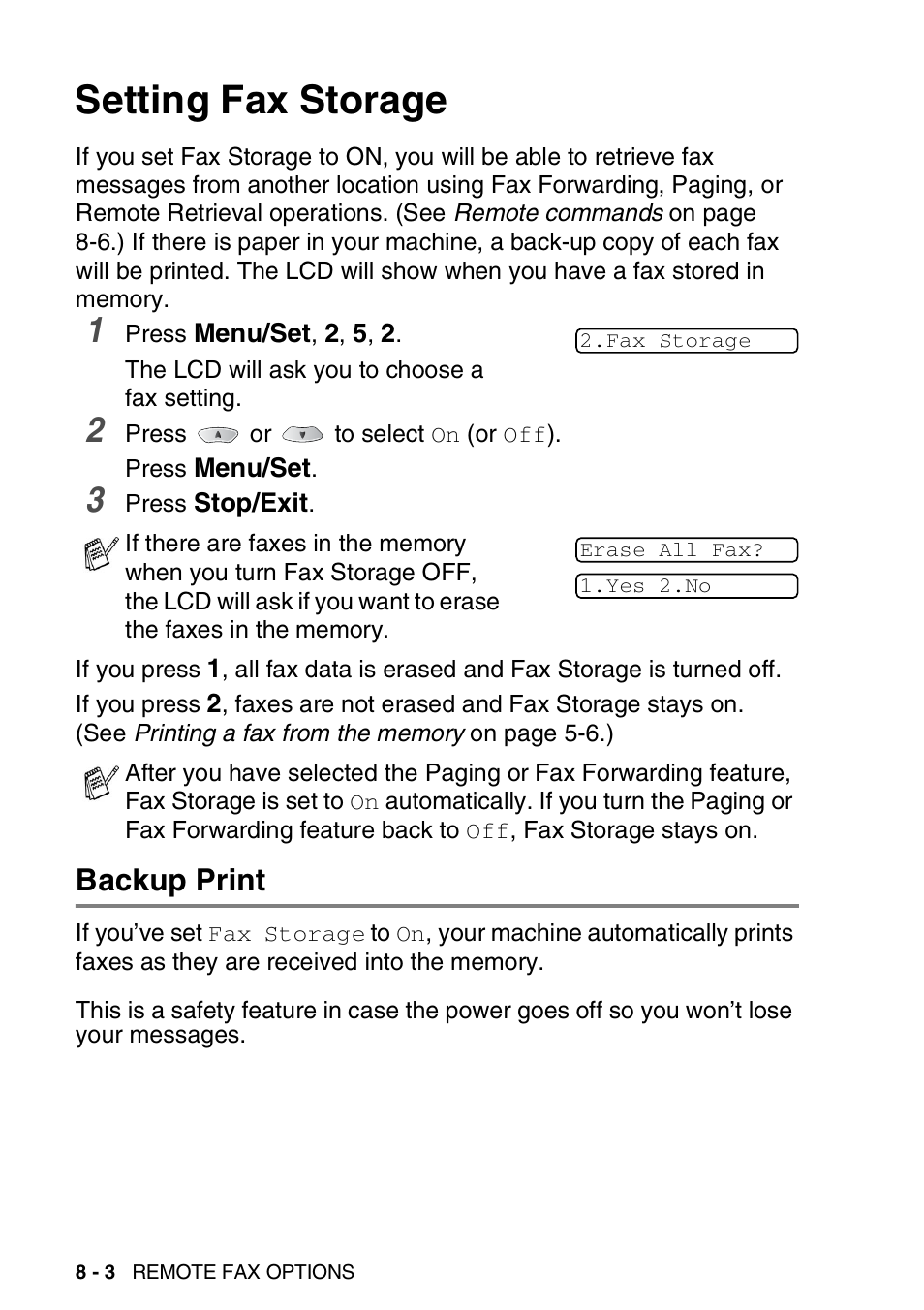 Setting fax storage, Backup print, Setting fax storage -3 | Backup print -3, So you won’t lose your messages -3 | Brother FAX-1820C User Manual | Page 108 / 181