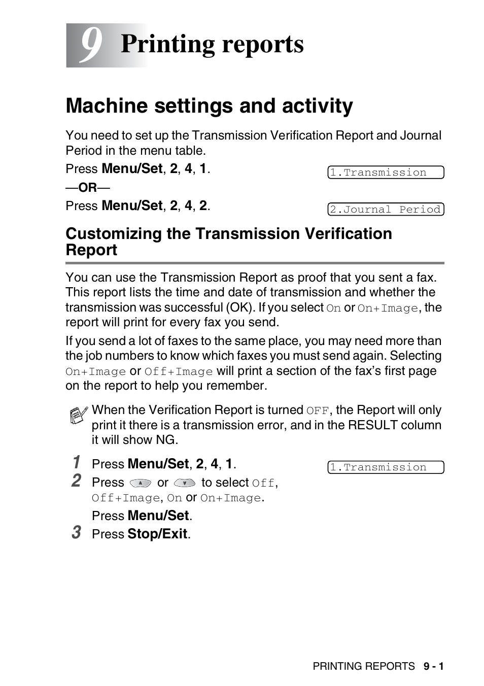 9 printing reports, Machine settings and activity, Customizing the transmission verification report | Printing reports -1, Machine settings and activity -1, Printing reports | Brother FAX-1820C User Manual | Page 113 / 181