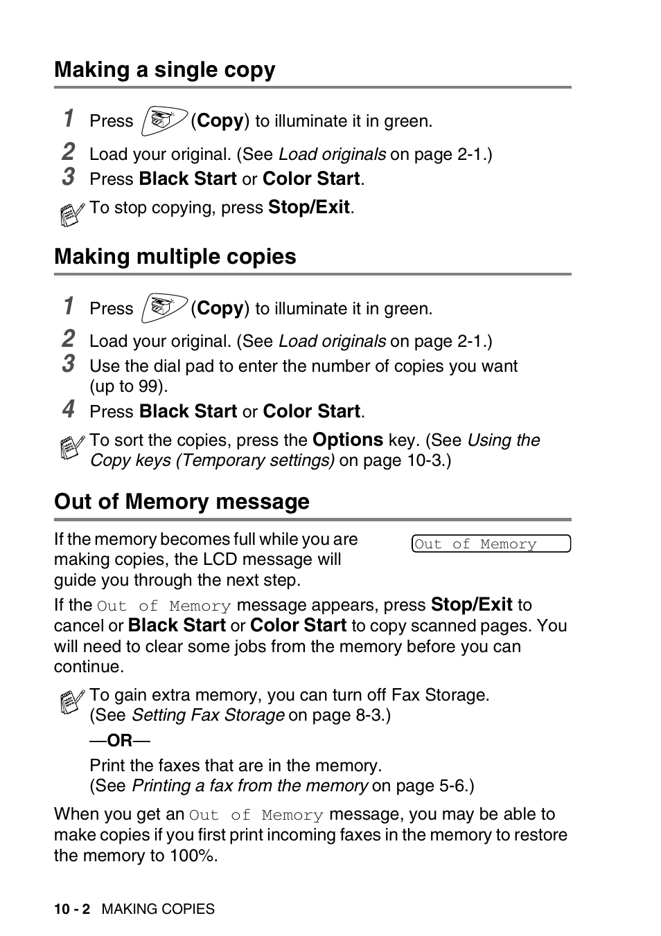 Making a single copy, Making multiple copies, Out of memory message | Brother FAX-1820C User Manual | Page 118 / 181