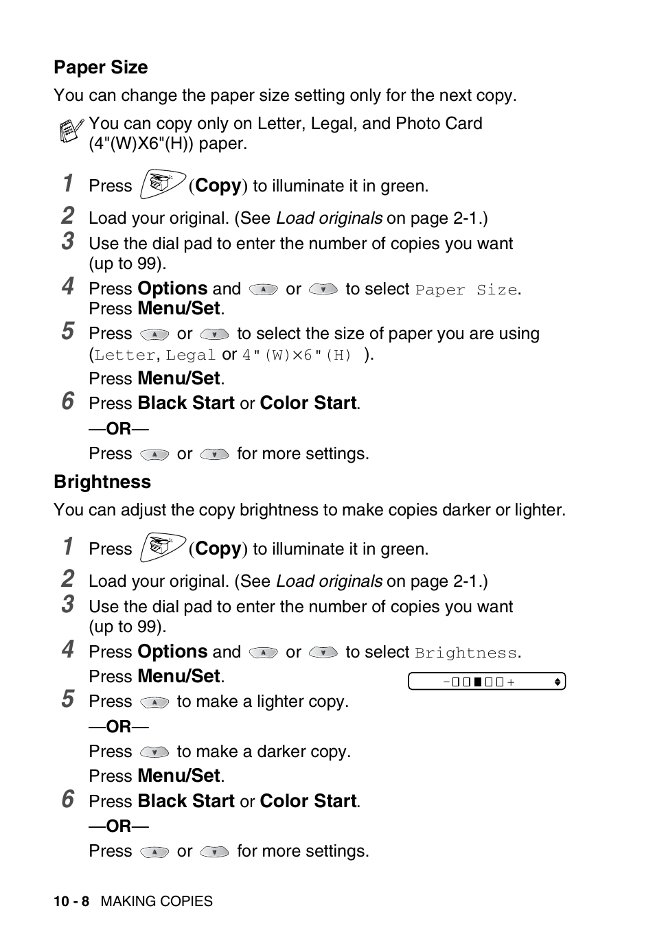 Paper size, Brightness, Paper size -8 brightness -8 | Brother FAX-1820C User Manual | Page 124 / 181