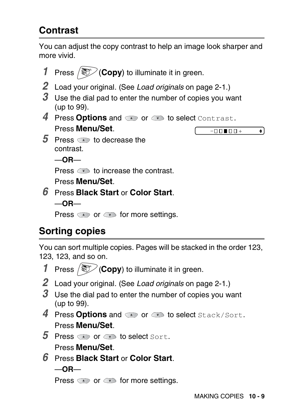 Contrast, Sorting copies, Contrast -9 sorting copies -9 | Brother FAX-1820C User Manual | Page 125 / 181