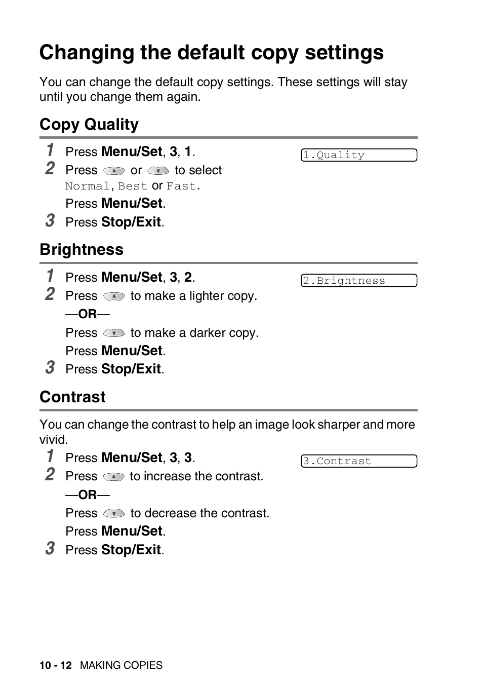 Changing the default copy settings, Copy quality, Brightness | Contrast, Changing the default copy settings -12, Copy quality -12 brightness -12 contrast -12 | Brother FAX-1820C User Manual | Page 128 / 181