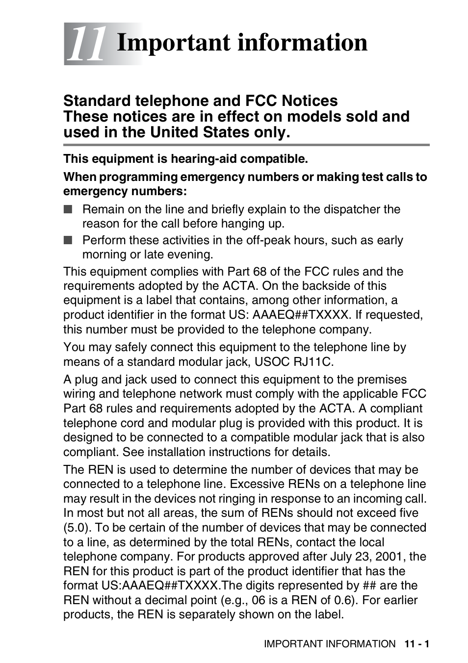 11 important information, Important information -1, Standard telephone and fcc notices | Important information | Brother FAX-1820C User Manual | Page 131 / 181