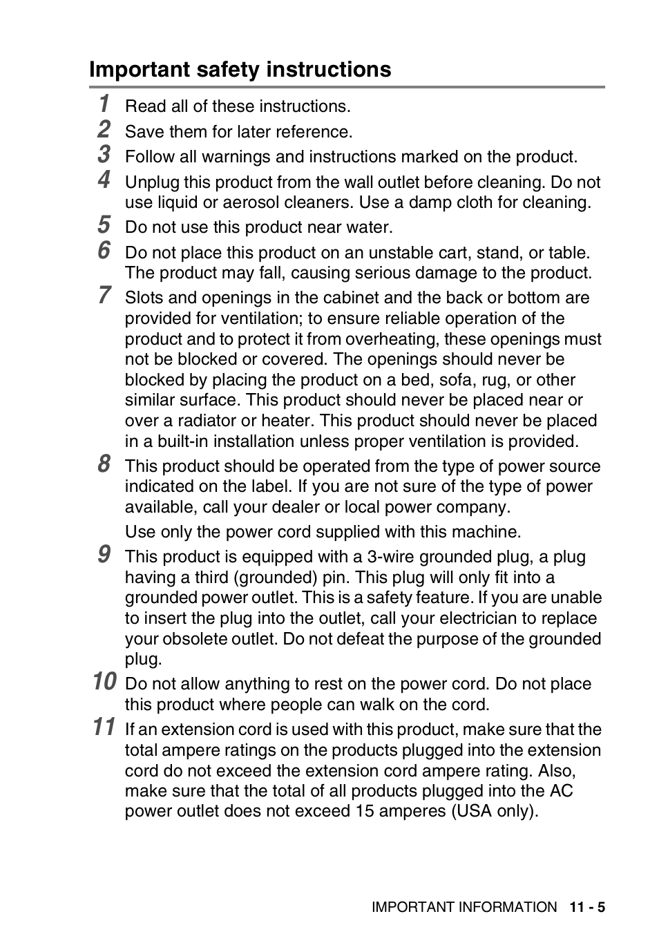 Important safety instructions, Important safety instructions -5 | Brother FAX-1820C User Manual | Page 135 / 181