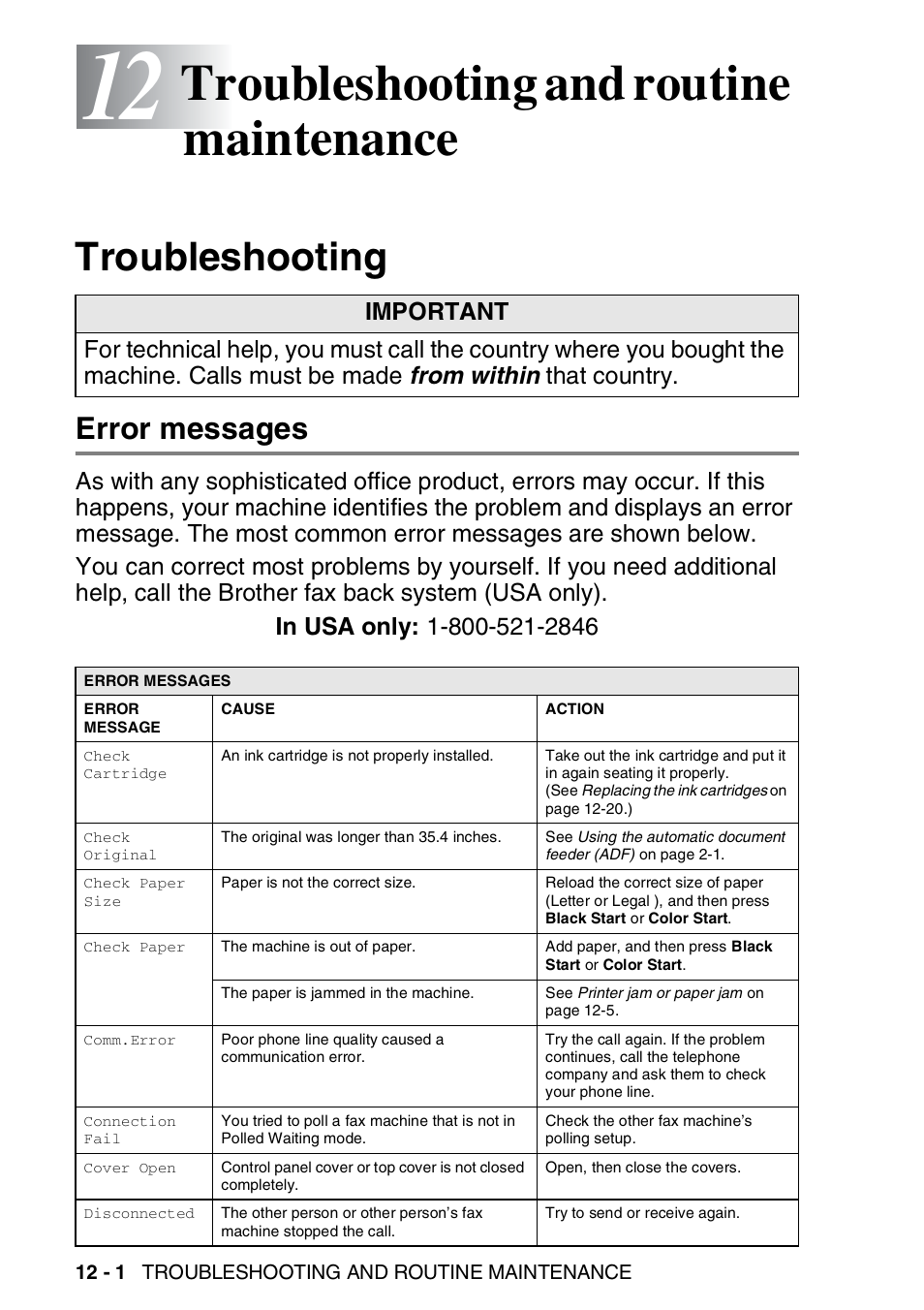 12 troubleshooting and routine maintenance, Troubleshooting, Error messages | Troubleshooting and routine maintenance -1, Troubleshooting -1, Error messages -1, Troubleshooting and routine maintenance | Brother FAX-1820C User Manual | Page 138 / 181