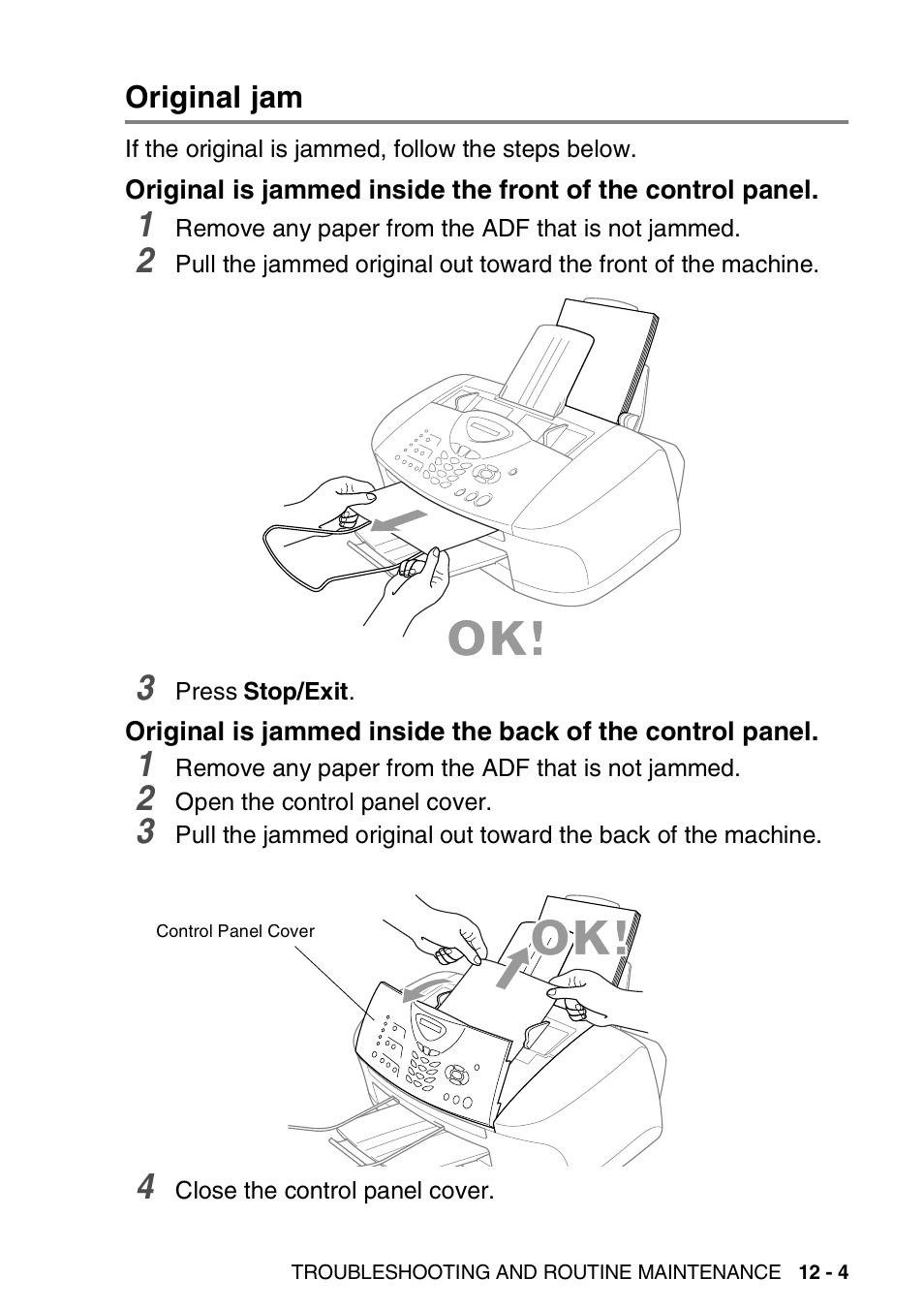 Original jam, Original jam -4, Original is jammed inside the front of | The control panel -4, Original is jammed inside the back of | Brother FAX-1820C User Manual | Page 141 / 181