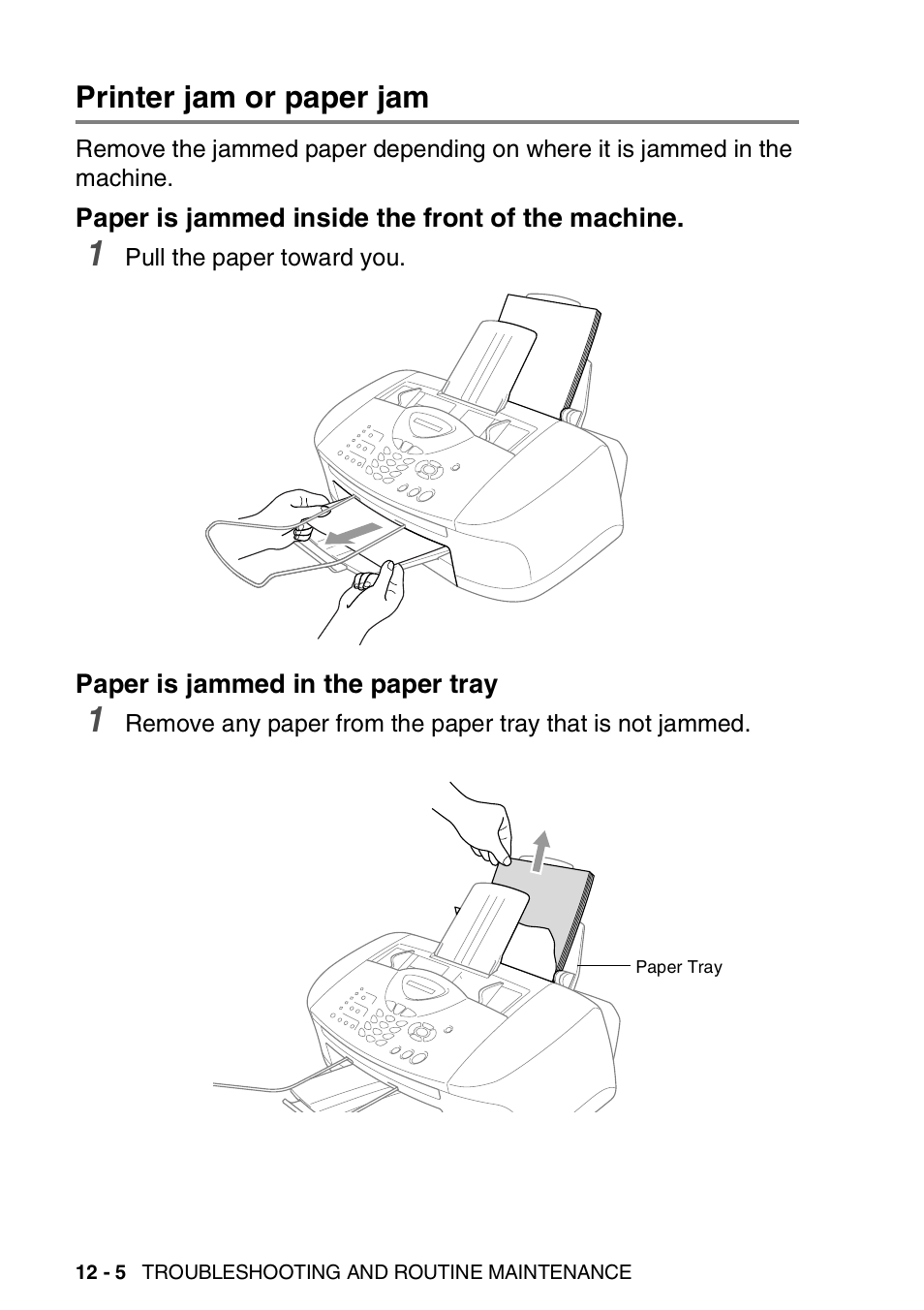 Printer jam or paper jam, Paper is jammed inside the front of the machine, Paper is jammed in the paper tray | Printer jam or paper jam -5 | Brother FAX-1820C User Manual | Page 142 / 181