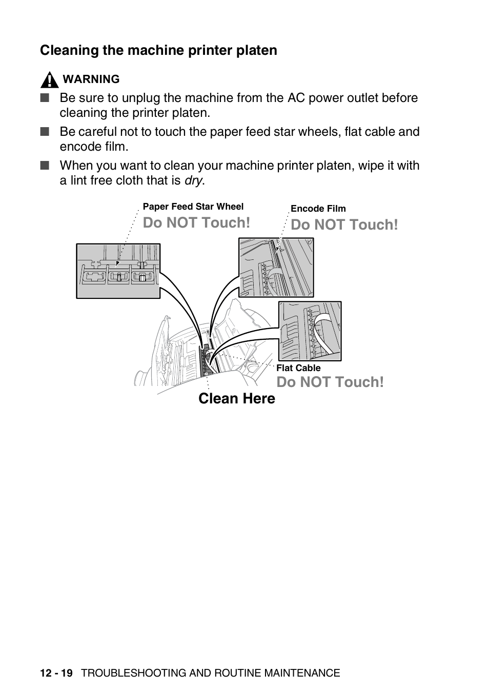 Cleaning the machine printer platen, Cleaning the machine printer platen -19, Do not touch | Clean here | Brother FAX-1820C User Manual | Page 156 / 181