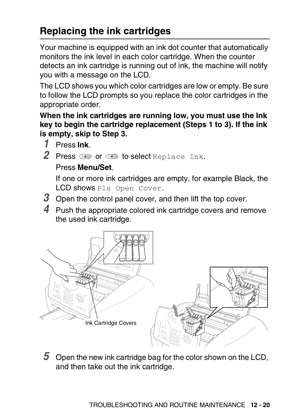 Replacing the ink cartridges, Replacing the ink cartridges -20 | Brother FAX-1820C User Manual | Page 157 / 181