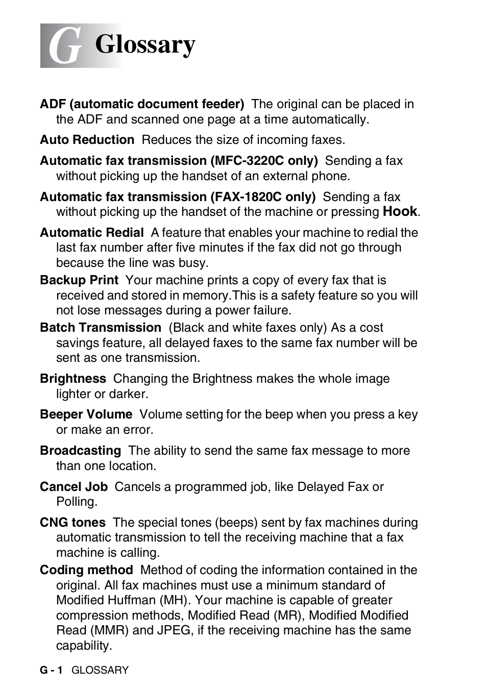 Glossary | Brother FAX-1820C User Manual | Page 160 / 181