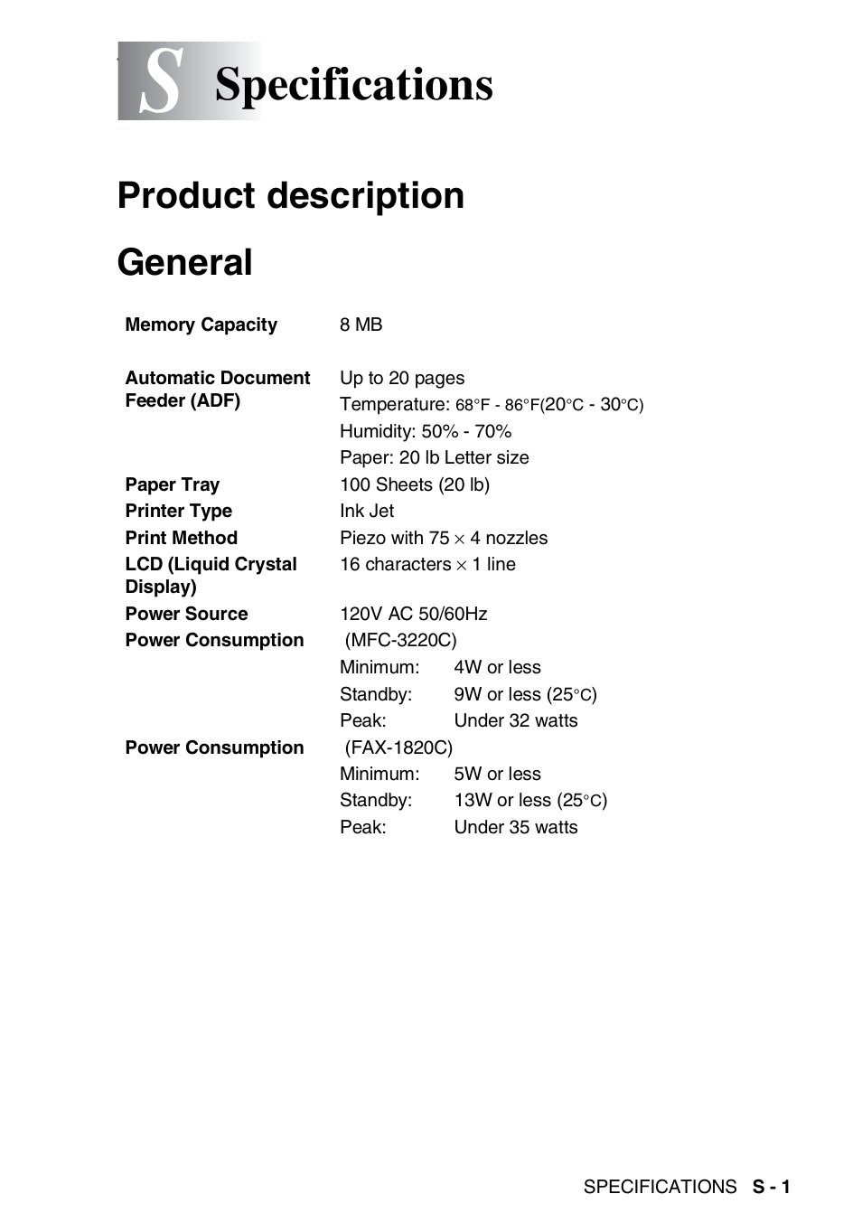 Specifications, Product description, General | Product description general | Brother FAX-1820C User Manual | Page 165 / 181