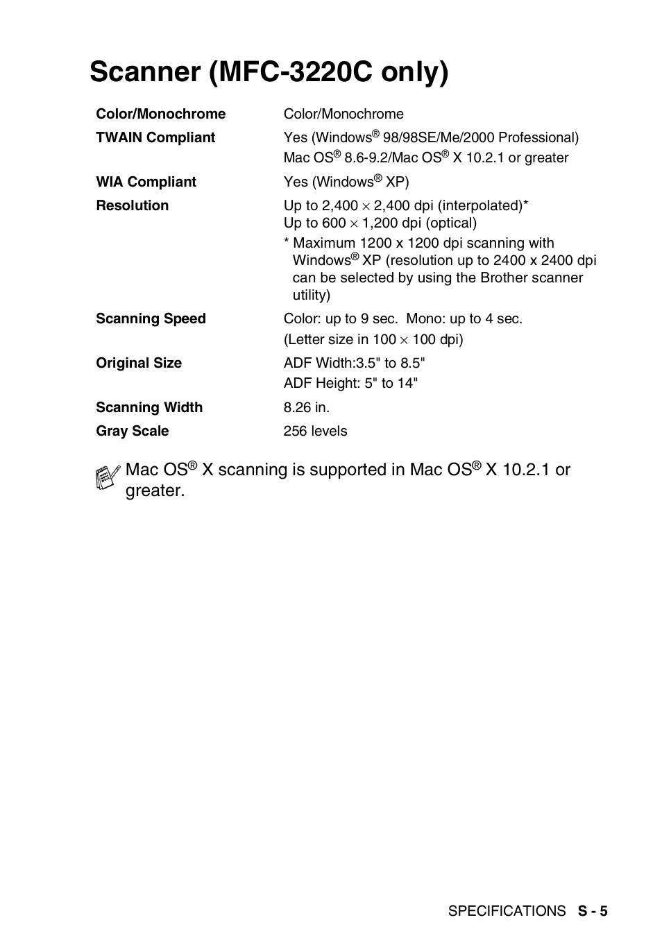 Scanner (mfc-3220c only), Mac os, X scanning is supported in mac os | X 10.2.1 or greater | Brother FAX-1820C User Manual | Page 169 / 181