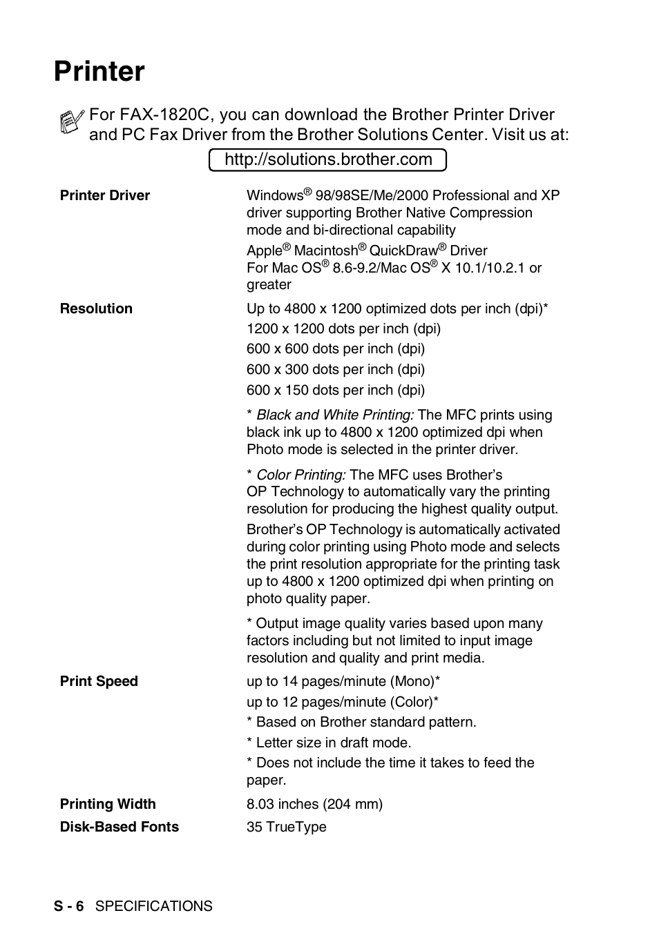 Printer | Brother FAX-1820C User Manual | Page 170 / 181
