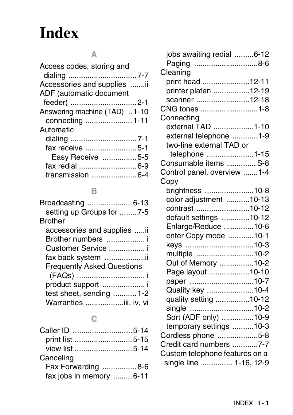 Index | Brother FAX-1820C User Manual | Page 173 / 181