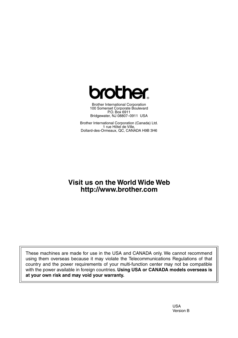 Brother usa | Brother FAX-1820C User Manual | Page 181 / 181