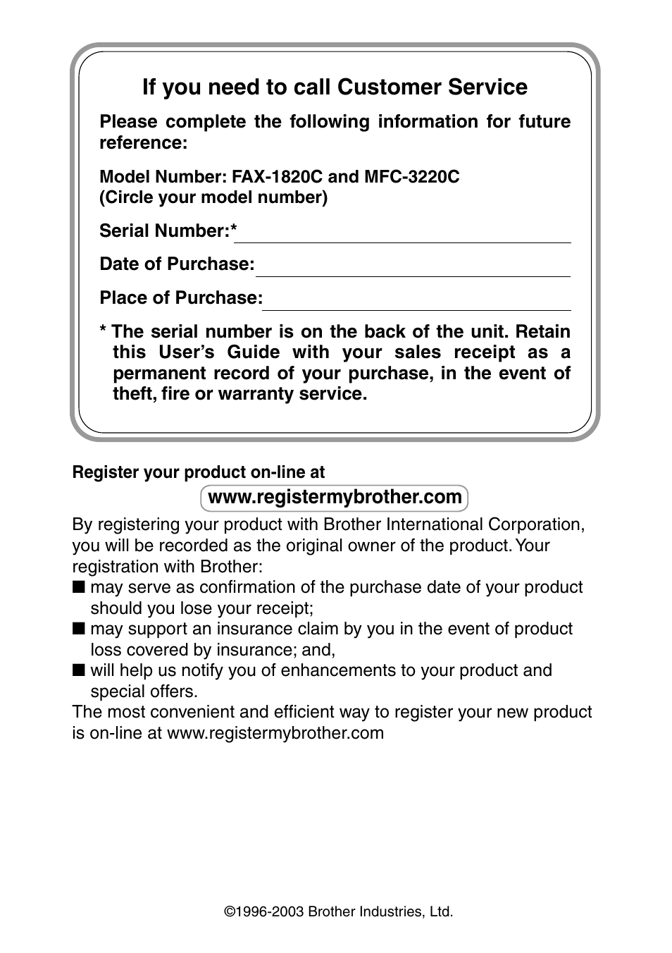 If you need to call customer service | Brother FAX-1820C User Manual | Page 2 / 181