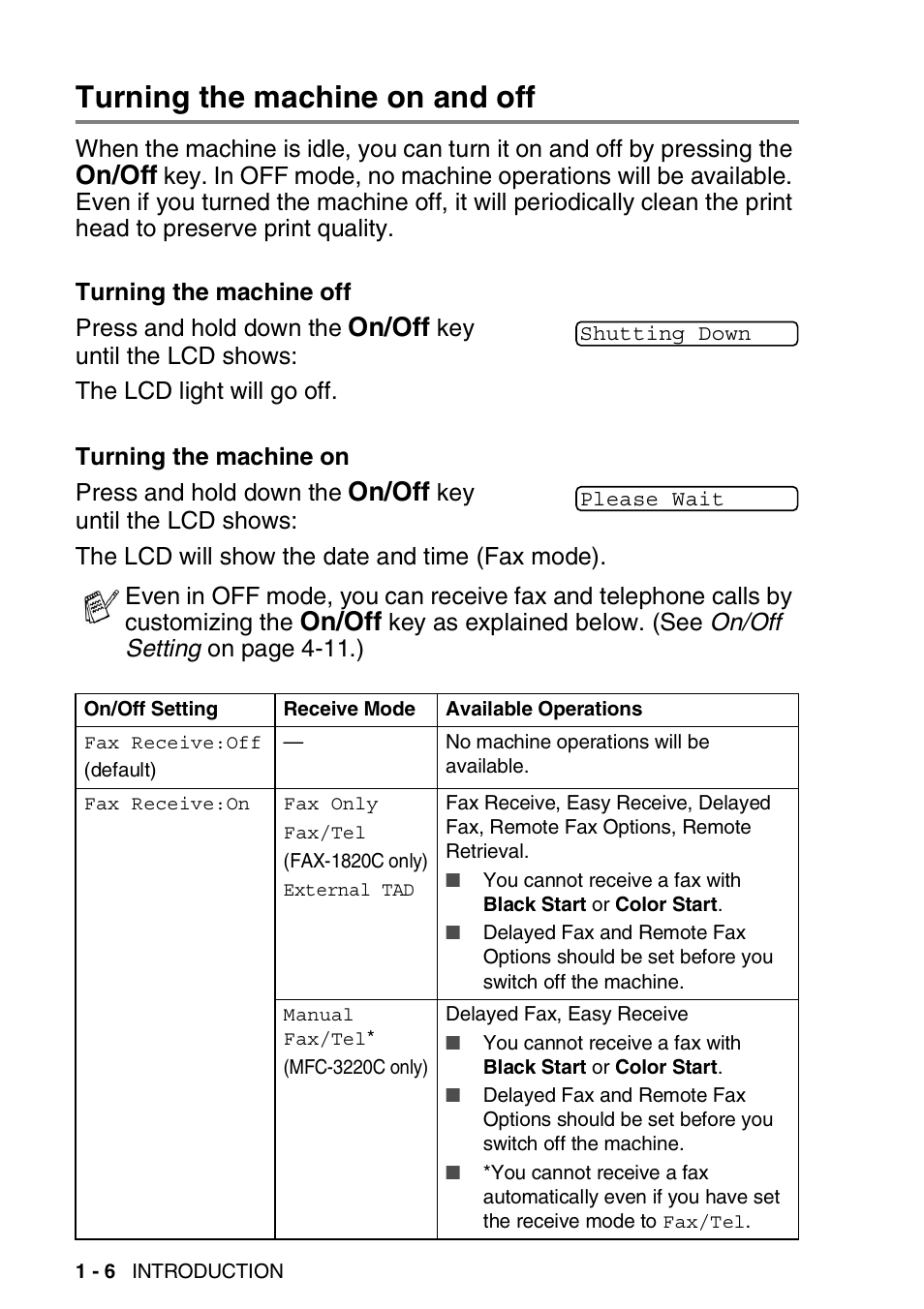 Turning the machine on and off, Turning the machine on and off -6, On/off | Brother FAX-1820C User Manual | Page 26 / 181