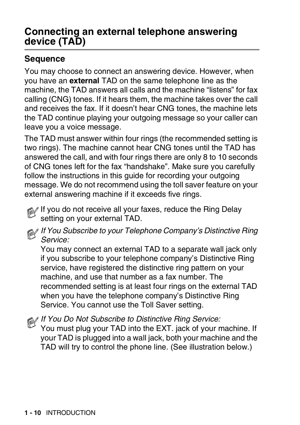 Sequence, Connecting an external telephone answering device, Tad) -10 sequence -10 | Brother FAX-1820C User Manual | Page 30 / 181