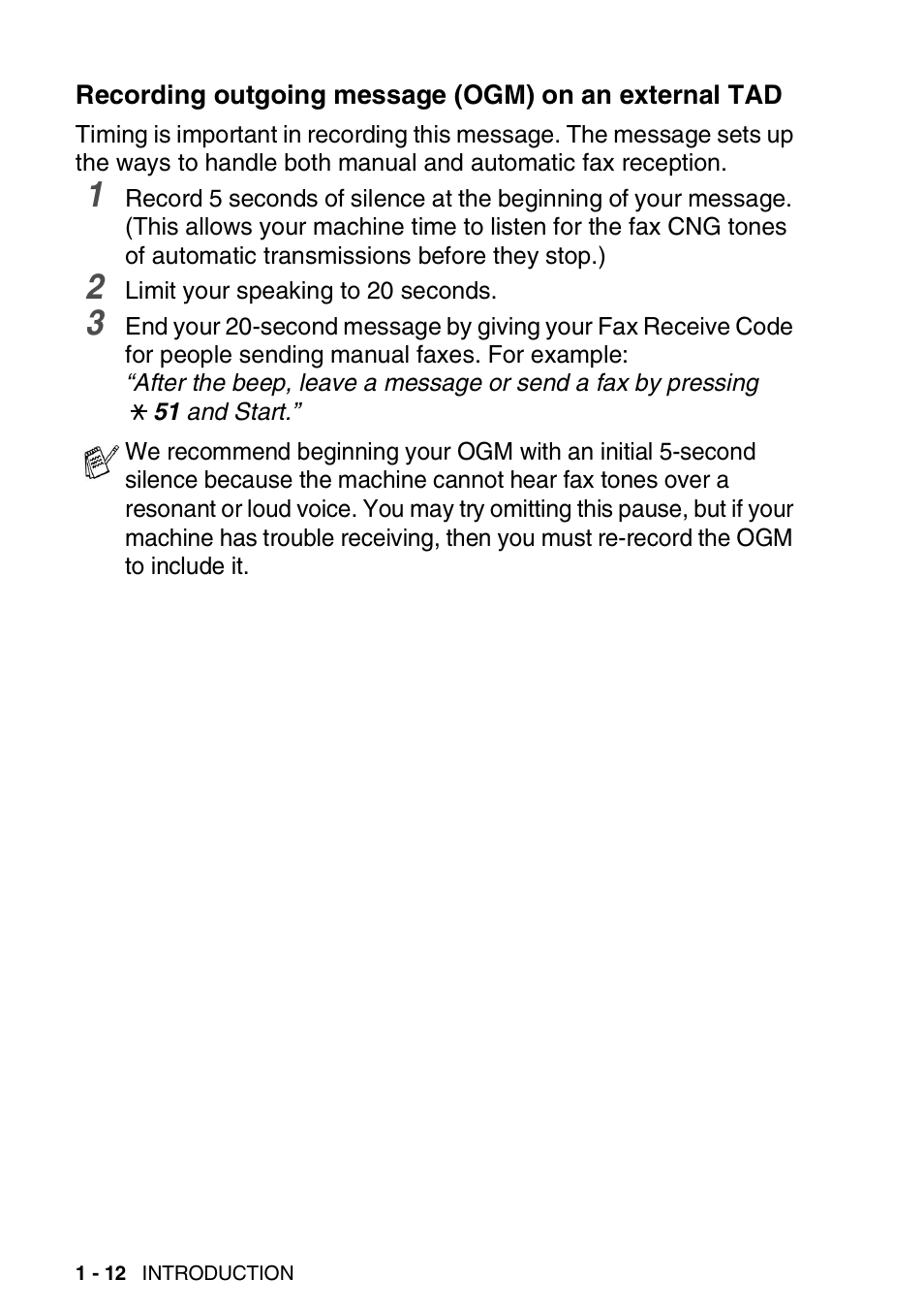 Recording outgoing message (ogm) on, An external tad -12 | Brother FAX-1820C User Manual | Page 32 / 181