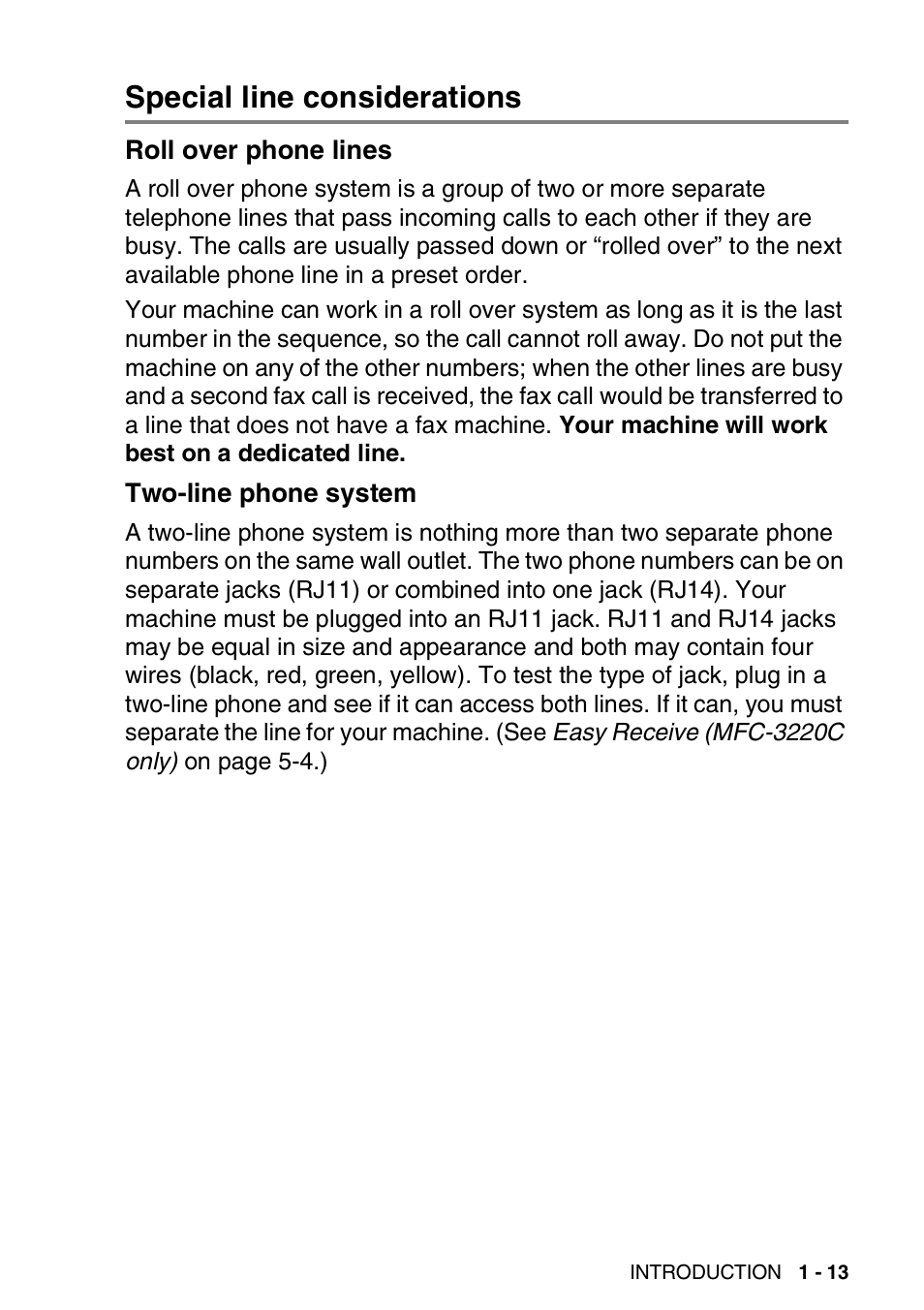 Special line considerations, Roll over phone lines, Two-line phone system | Special line considerations -13 | Brother FAX-1820C User Manual | Page 33 / 181