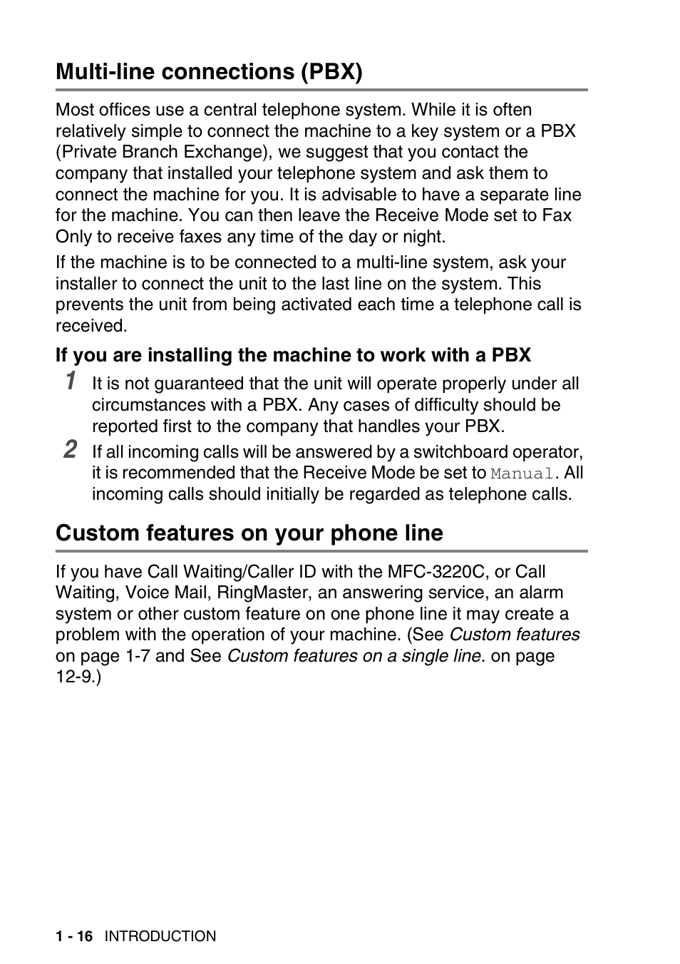 Multi-line connections (pbx), Custom features on your phone line, Multi-line connections (pbx) -16 | If you are installing the machine to work with, A pbx -16, Custom features on your phone line -16 | Brother FAX-1820C User Manual | Page 36 / 181