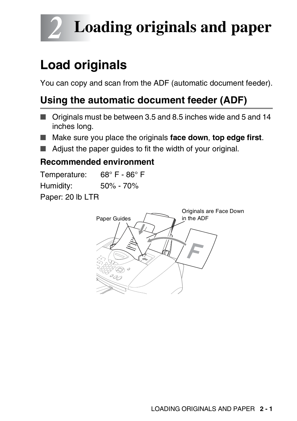 2 loading originals and paper, Load originals, Using the automatic document feeder (adf) | Recommended environment, Loading originals and paper -1, Load originals -1, Using the automatic document feeder (adf) -1, Recommended environment -1, Loading originals and paper | Brother FAX-1820C User Manual | Page 37 / 181