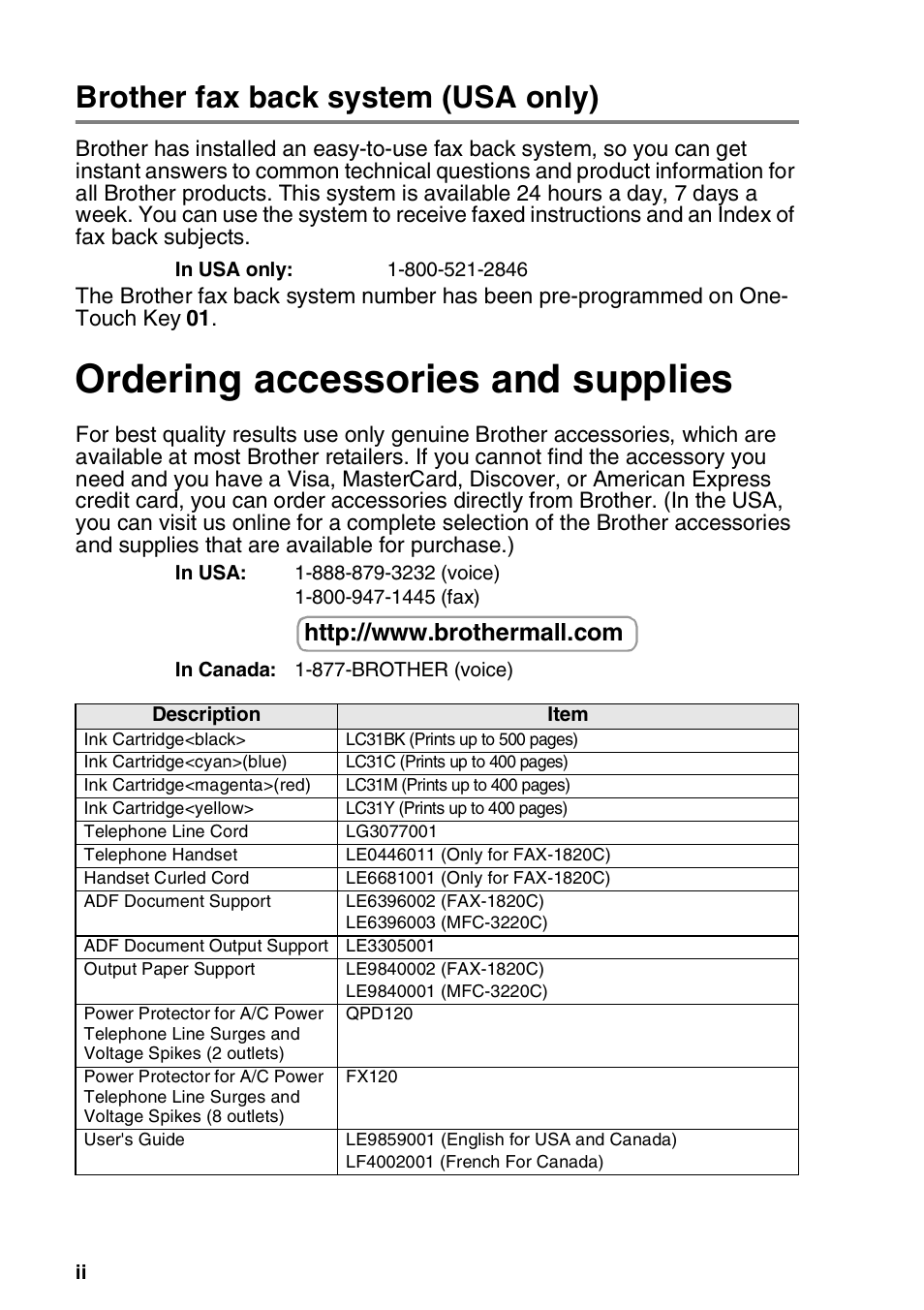 Brother fax back system (usa only), Ordering accessories and supplies | Brother FAX-1820C User Manual | Page 4 / 181