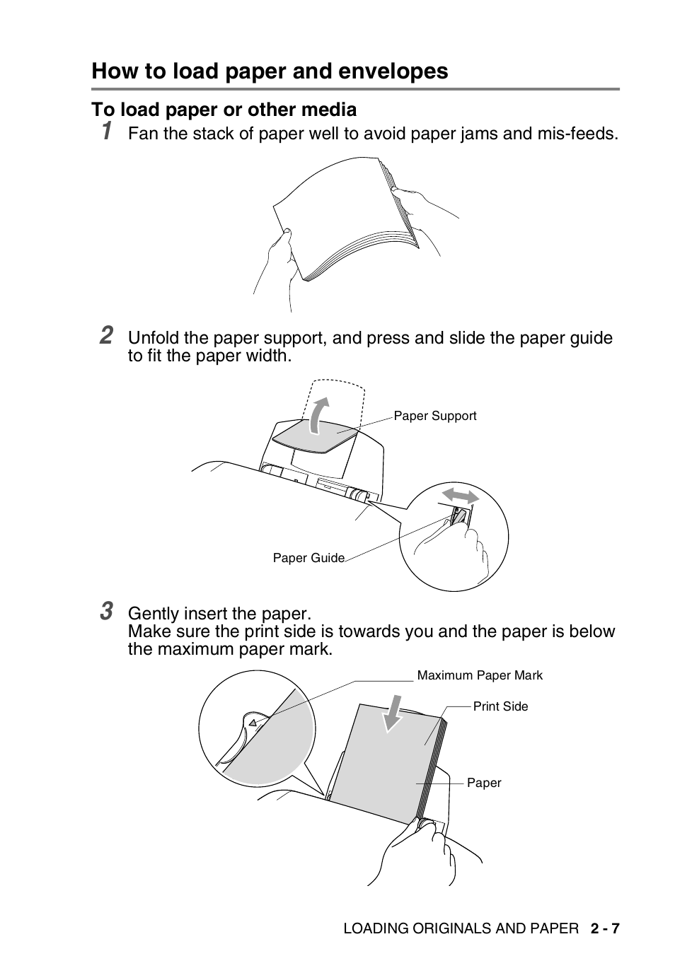 How to load paper and envelopes, To load paper or other media, How to load paper and envelopes -7 | To load paper or other media -7 | Brother FAX-1820C User Manual | Page 43 / 181