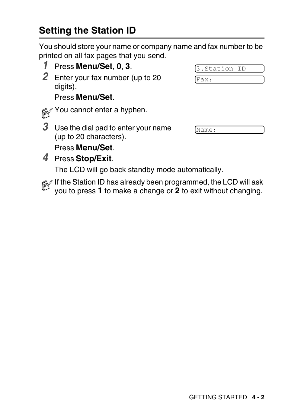 Setting the station id, Setting the station id -2 | Brother FAX-1820C User Manual | Page 55 / 181