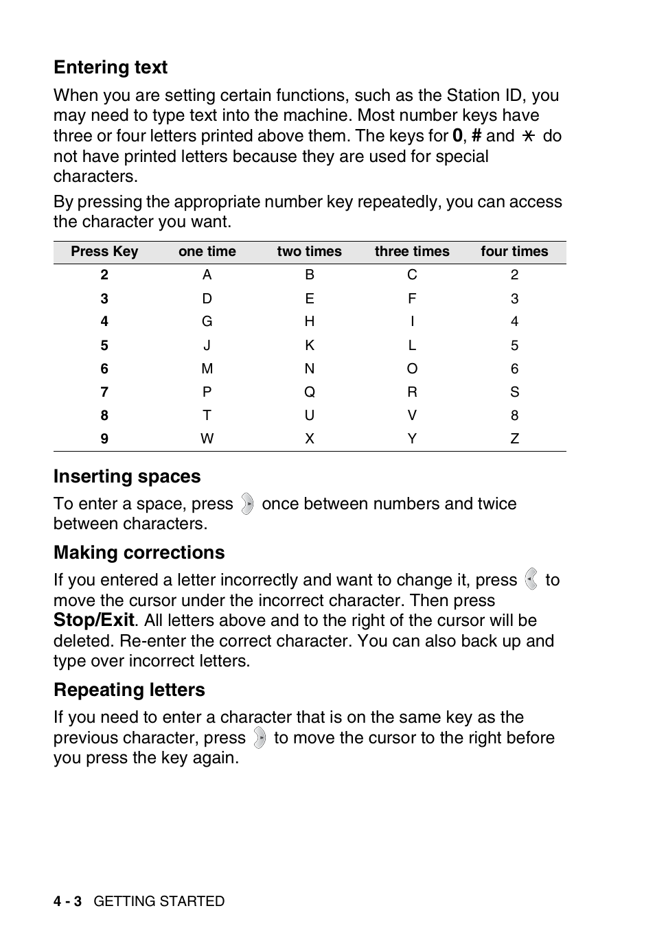 Entering text, Inserting spaces, Making corrections | Repeating letters, Stop/exit | Brother FAX-1820C User Manual | Page 56 / 181
