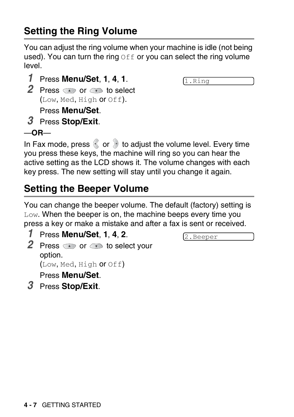 Setting the ring volume, Setting the beeper volume | Brother FAX-1820C User Manual | Page 60 / 181