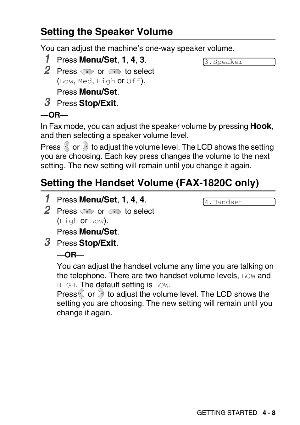 Setting the speaker volume, Setting the handset volume (fax-1820c only) | Brother FAX-1820C User Manual | Page 61 / 181
