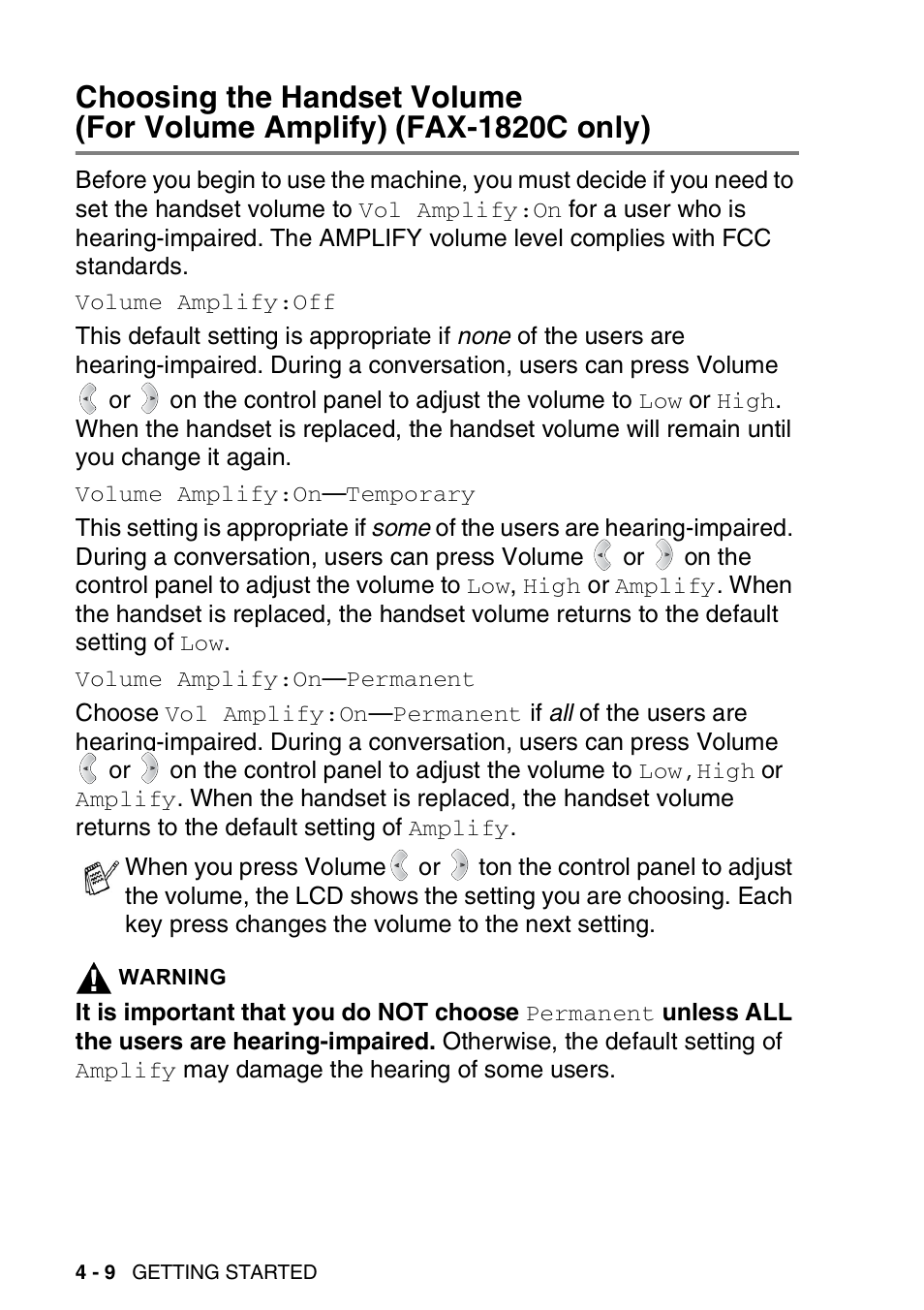 Choosing the handset volume, For volume amplify) (fax-1820c only) -9 | Brother FAX-1820C User Manual | Page 62 / 181