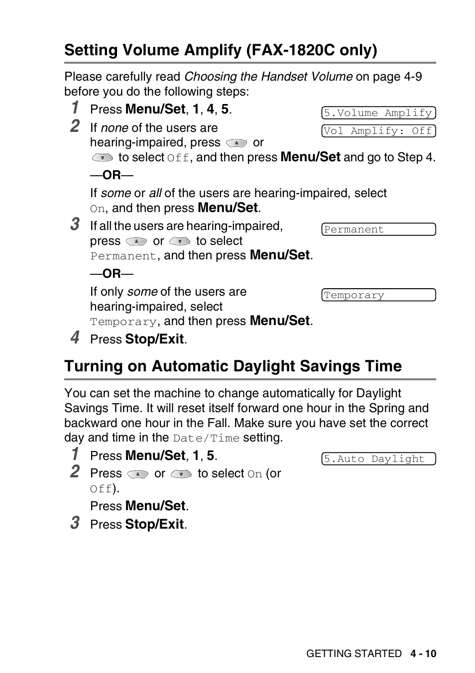 Setting volume amplify (fax-1820c only), Turning on automatic daylight savings time | Brother FAX-1820C User Manual | Page 63 / 181