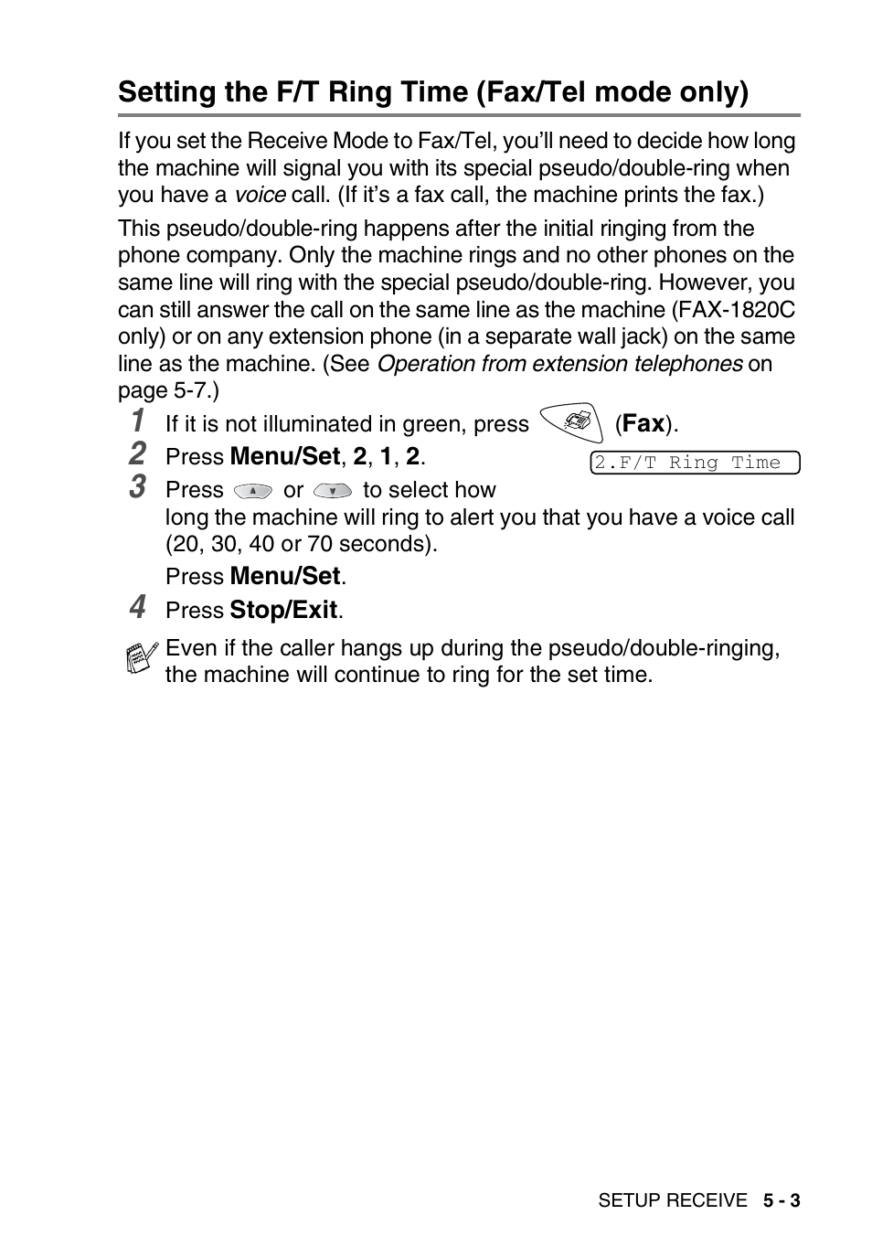 Setting the f/t ring time (fax/tel mode only), Setting the f/t ring time (fax/tel mode only) -3 | Brother FAX-1820C User Manual | Page 67 / 181