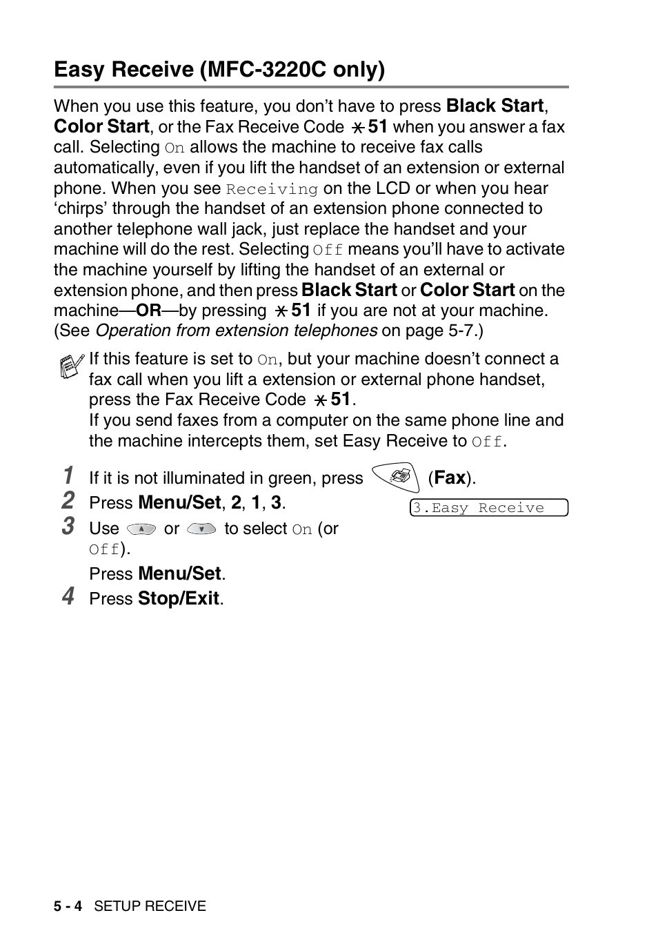 Easy receive (mfc-3220c only), Easy receive (mfc-3220c only) -4, 4 and | Brother FAX-1820C User Manual | Page 68 / 181