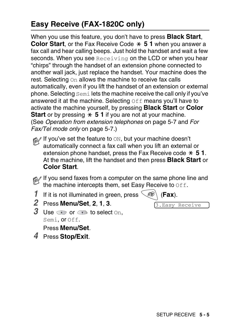 Easy receive (fax-1820c only), Easy receive (fax-1820c only) -5 | Brother FAX-1820C User Manual | Page 69 / 181