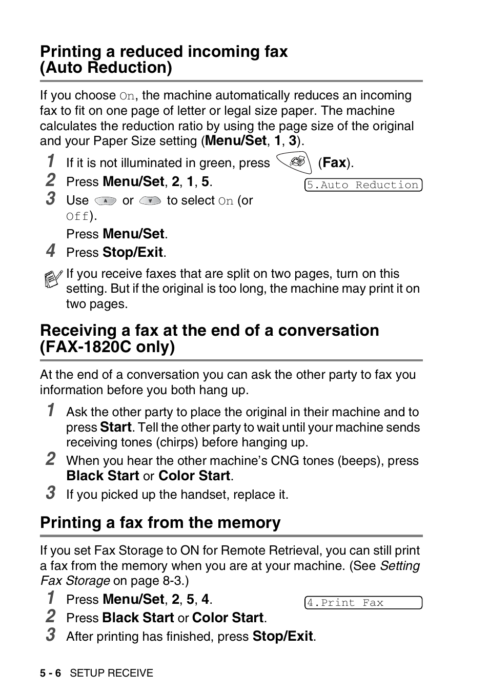 Printing a reduced incoming fax (auto reduction), Printing a fax from the memory, Printing a reduced incoming fax | Auto reduction) -6, Receiving a fax at the end of a conversation, Fax-1820c only) -6, Printing a fax from the memory -6 | Brother FAX-1820C User Manual | Page 70 / 181
