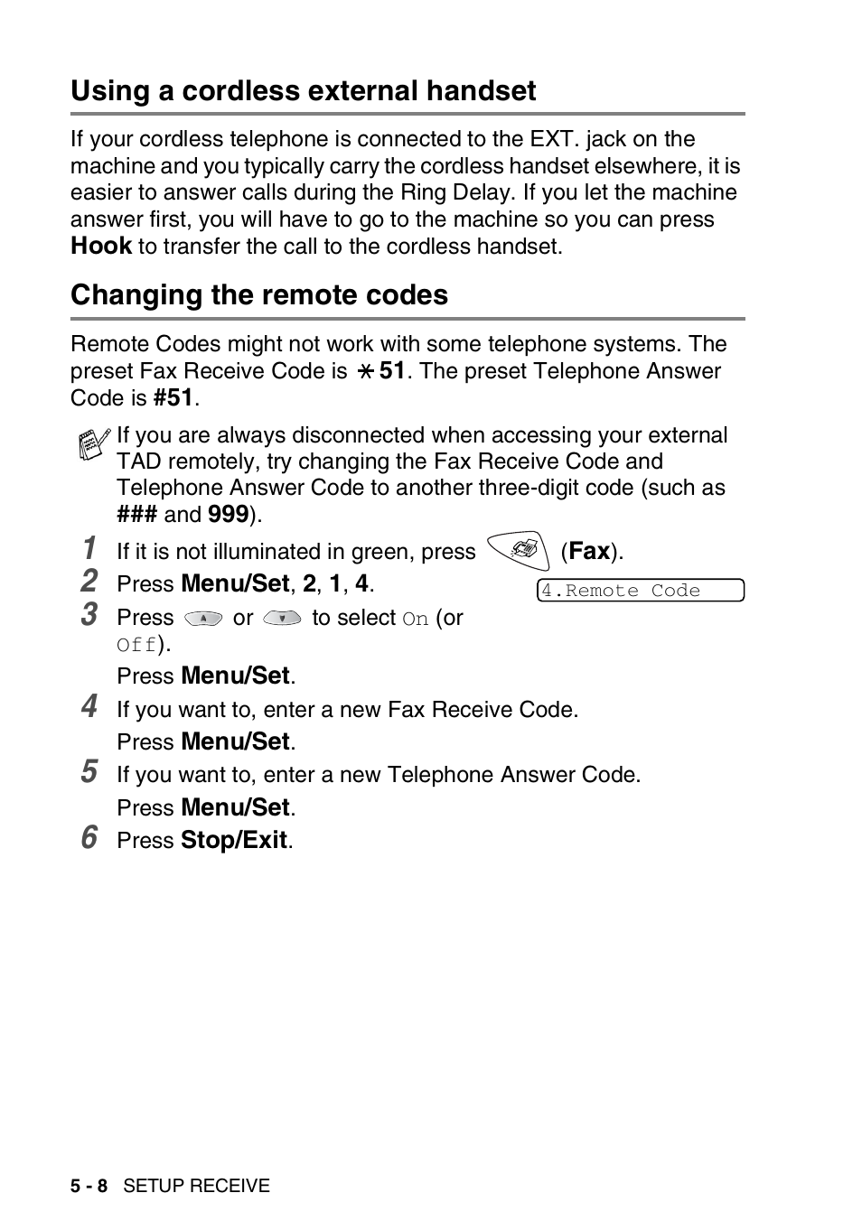 Using a cordless external handset, Changing the remote codes | Brother FAX-1820C User Manual | Page 72 / 181