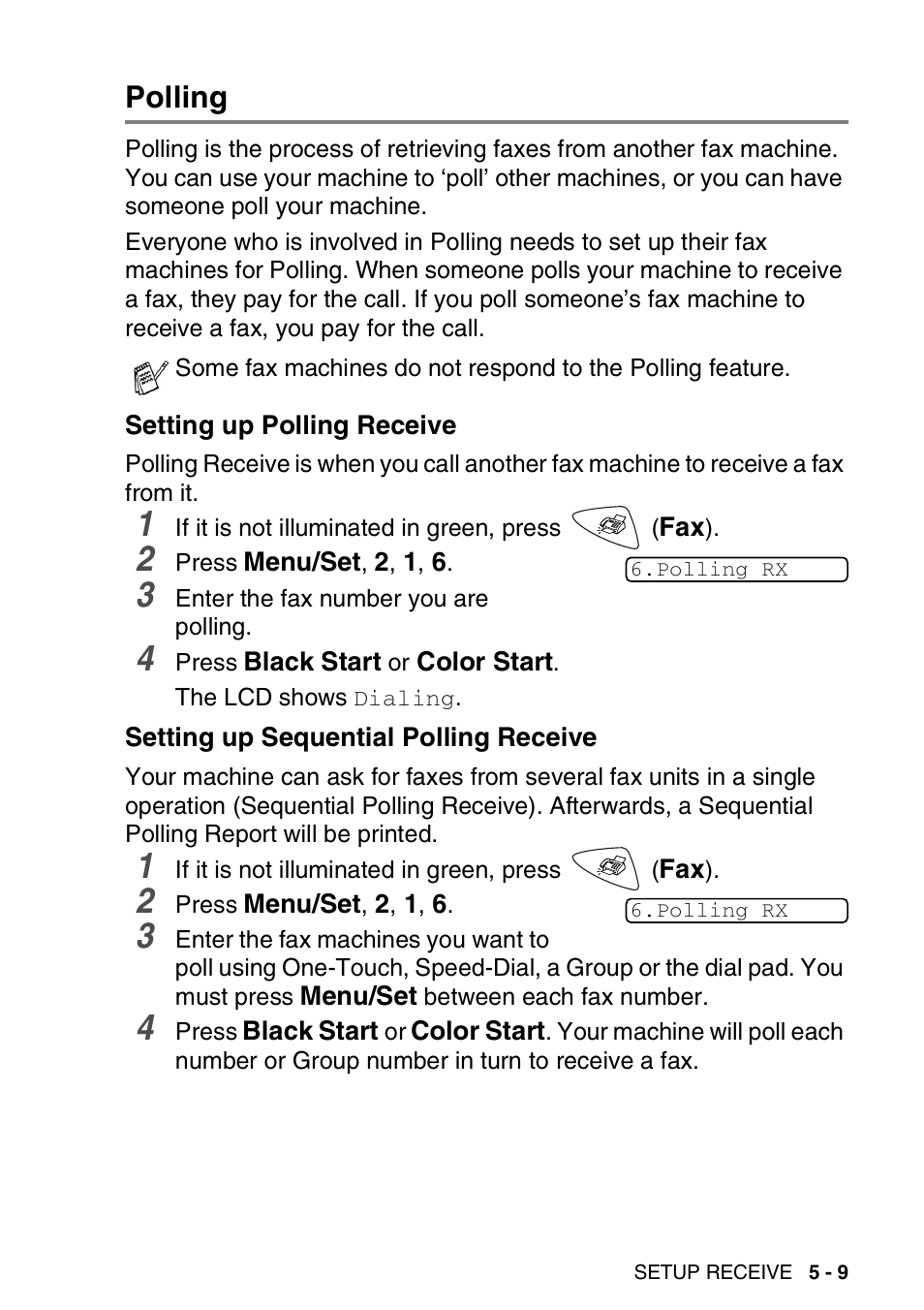 Polling, Setting up polling receive, Setting up sequential polling receive | Polling -9 | Brother FAX-1820C User Manual | Page 73 / 181